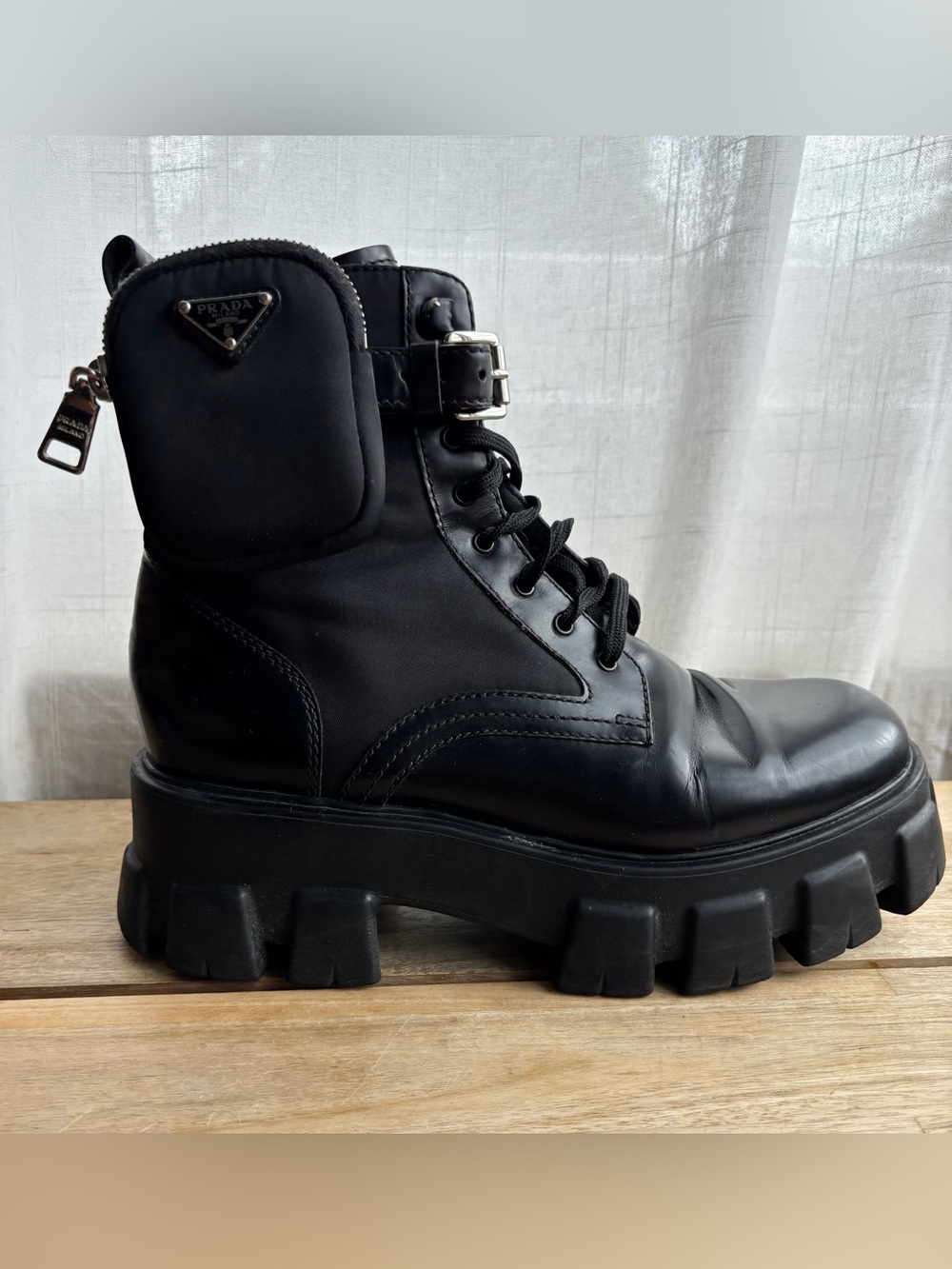 Prada Monolith leather and Re-Nylon combat boots with removable pouch  in 40 / 9